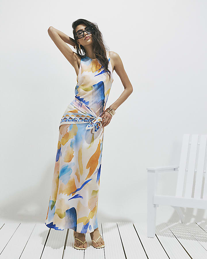 Cream Blur Print Midi Slip Dress