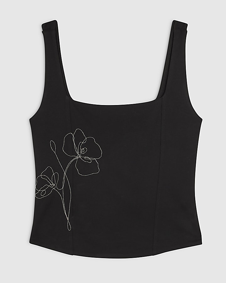 Black Flower Embellished Corset Top