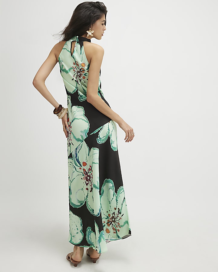 Brown Floral Print Halter Maxi Slip Dress