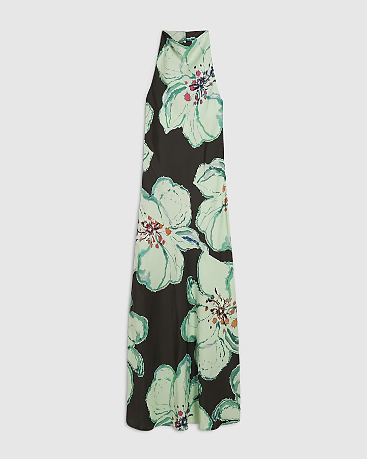 Brown Floral Print Halter Maxi Slip Dress