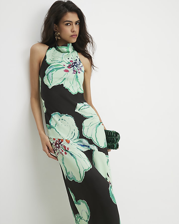 Brown Floral Print Halter Maxi Slip Dress