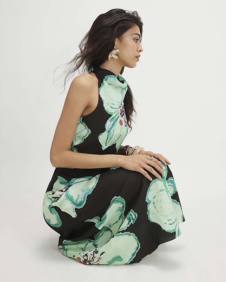 Brown Floral Print Halter Maxi Slip Dress