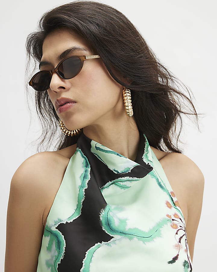 Brown Floral Halter Cowl Neck Top