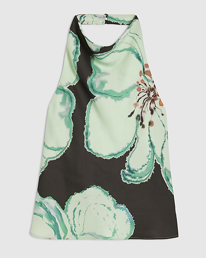 Brown Floral Halter Cowl Neck Top