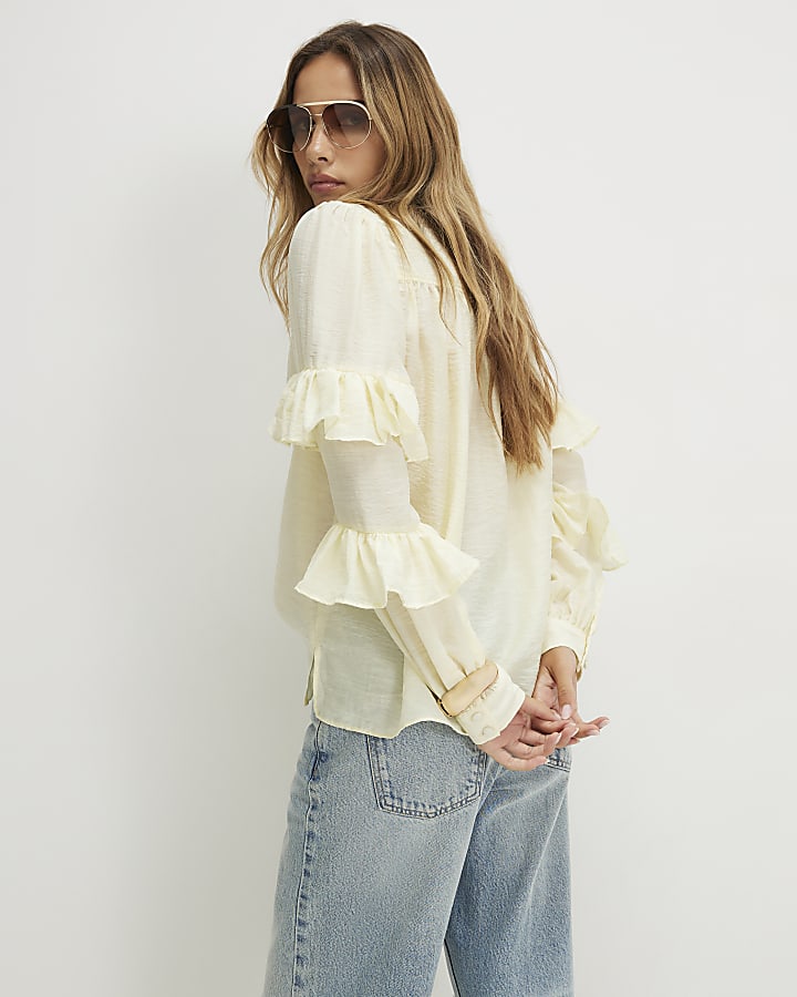 Cream Long Sleeve Ruffle Blouse