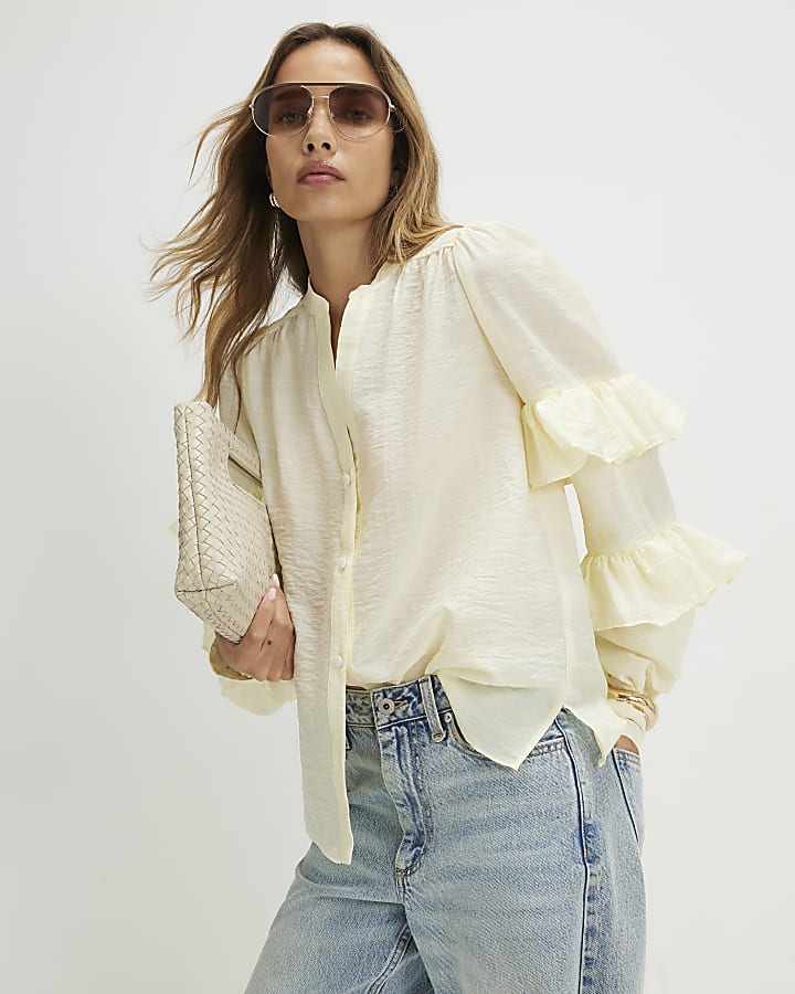 Cream Long Sleeve Ruffle Blouse