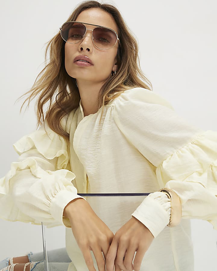Cream Long Sleeve Ruffle Blouse
