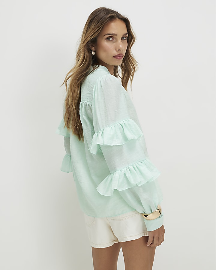 Green Long Sleeve Ruffle Blouse