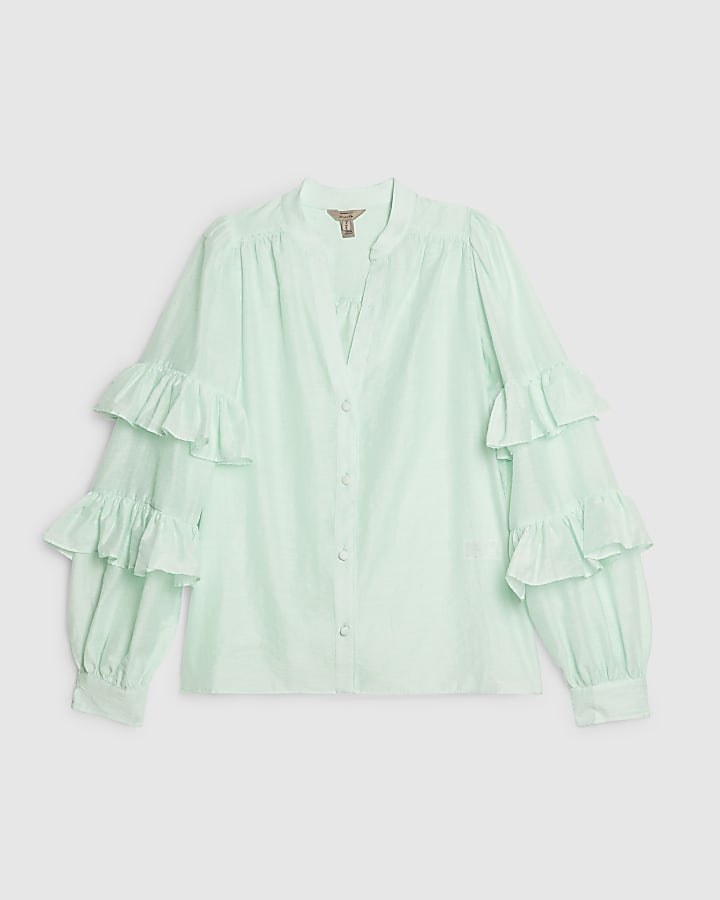 Green Long Sleeve Ruffle Blouse