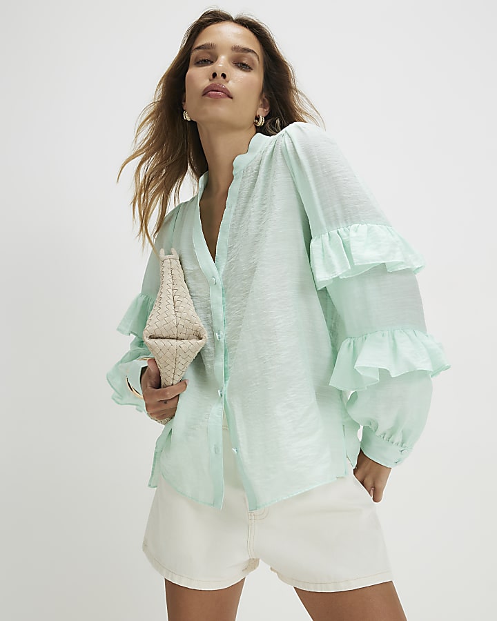 Green Long Sleeve Ruffle Blouse
