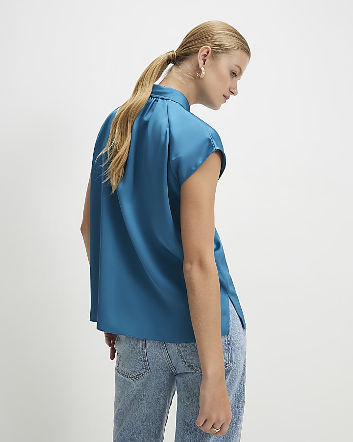 Blue Satin Short Sleeve Shirt