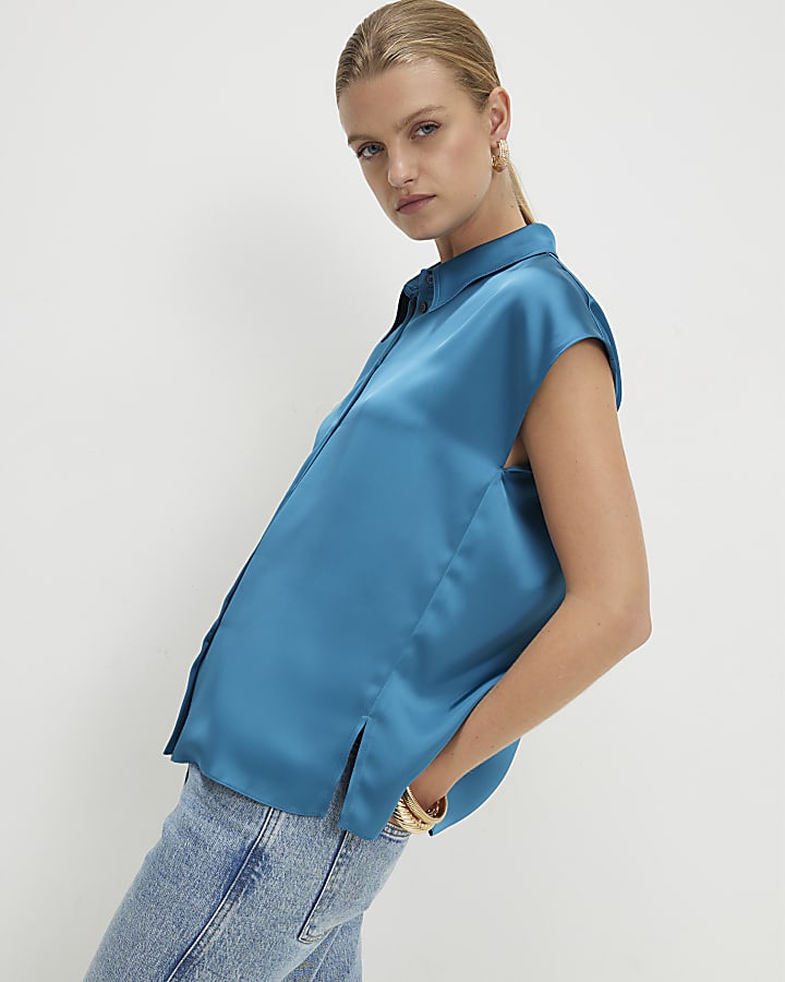 Blue Satin Short Sleeve Shirt