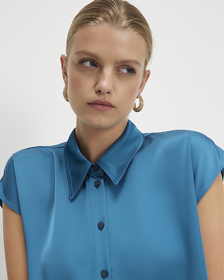 Blue Satin Short Sleeve Shirt