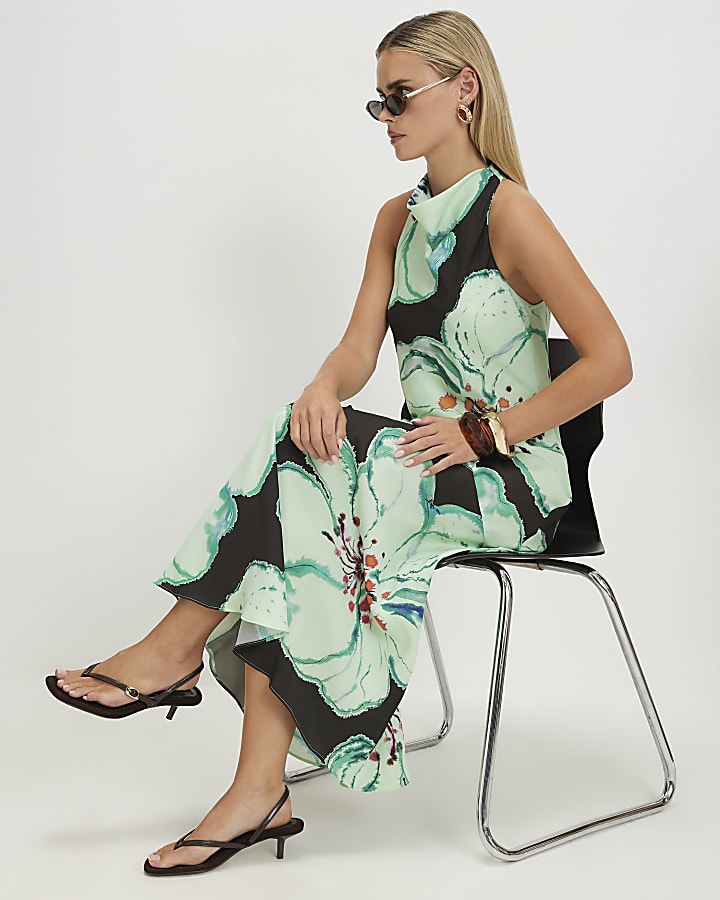 Petite Brown Floral Halter Maxi Slip Dress