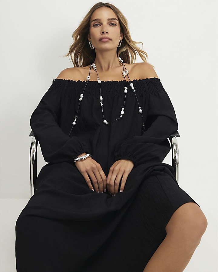 Black Cotton Bardot Maxi Dress
