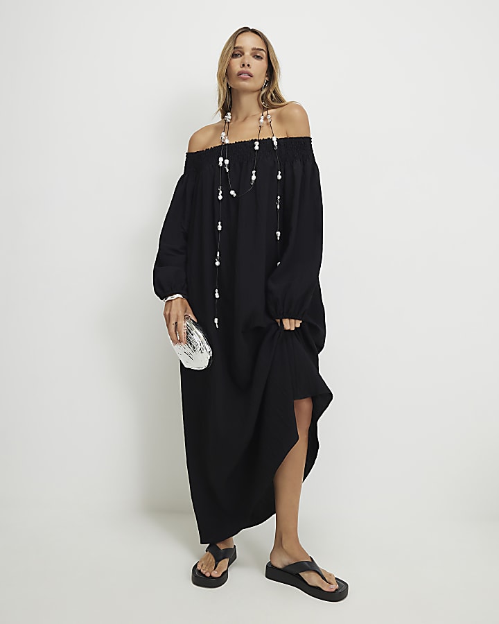 Black Cotton Bardot Maxi Dress
