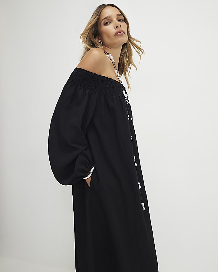 Black Cotton Bardot Maxi Dress