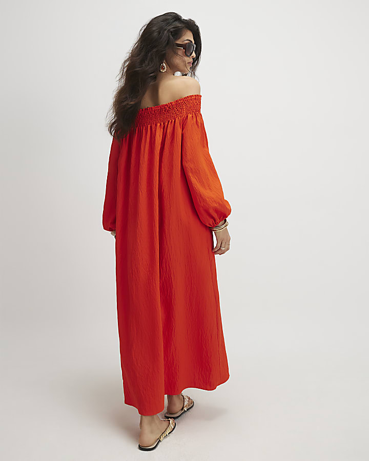 Red Cotton Bardot Maxi Dress