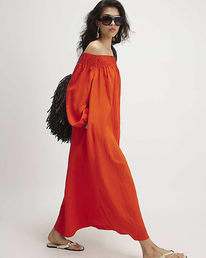 Red Cotton Bardot Maxi Dress