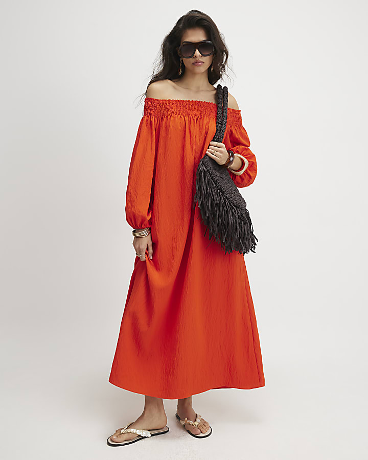 Red Cotton Bardot Maxi Dress