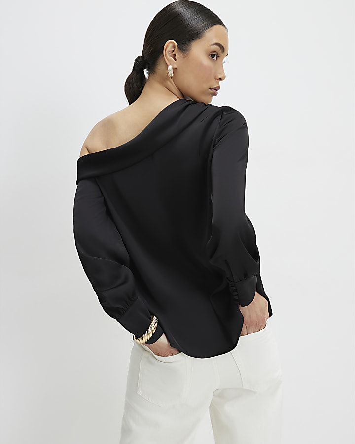 Black Satin Off The Shoulder Long Sleeve Top