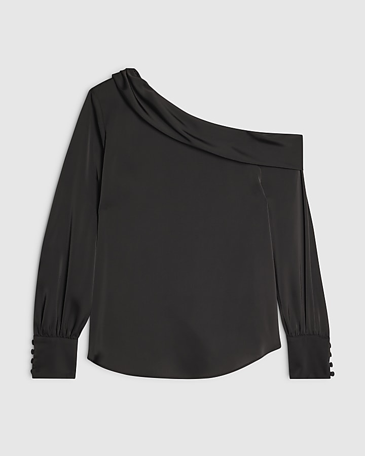 Black Satin Off The Shoulder Long Sleeve Top