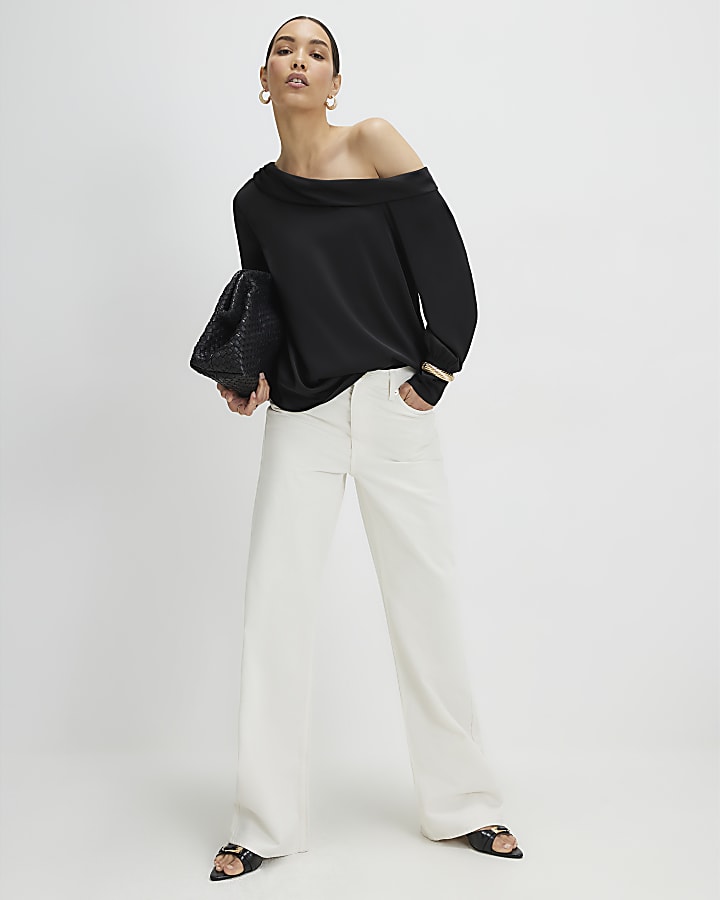 Black Satin Off The Shoulder Long Sleeve Top
