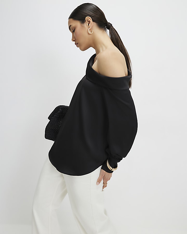 Black Satin Off The Shoulder Long Sleeve Top