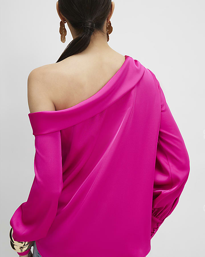 Pink Satin Off The Shoulder Long Sleeve Top
