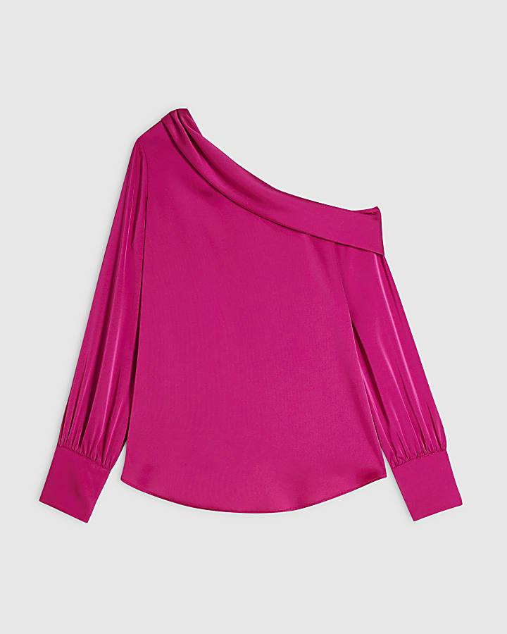 Pink Satin Off The Shoulder Long Sleeve Top
