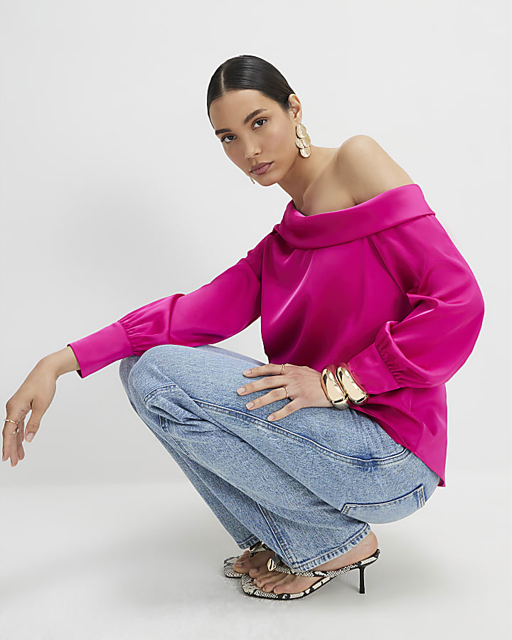 Pink Satin Off The Shoulder Long Sleeve Top