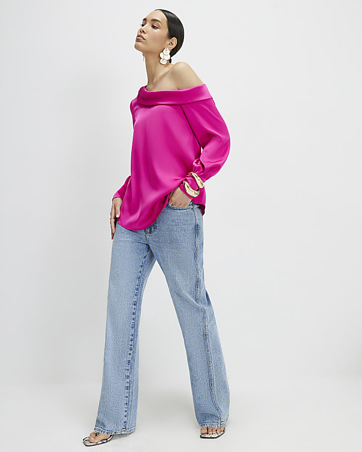 Pink Satin Off The Shoulder Long Sleeve Top