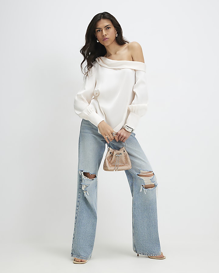 Cream Long Sleeve Off The Shoulder Top