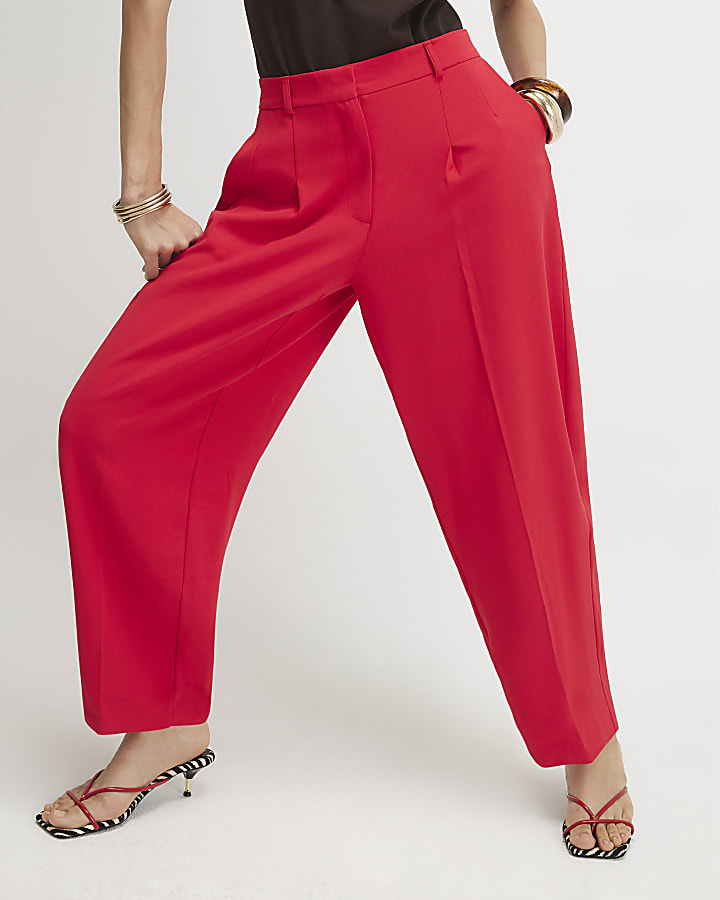Red Drapey Barrel Leg Trousers