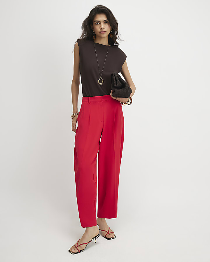 Red Drapey Barrel Leg Trousers