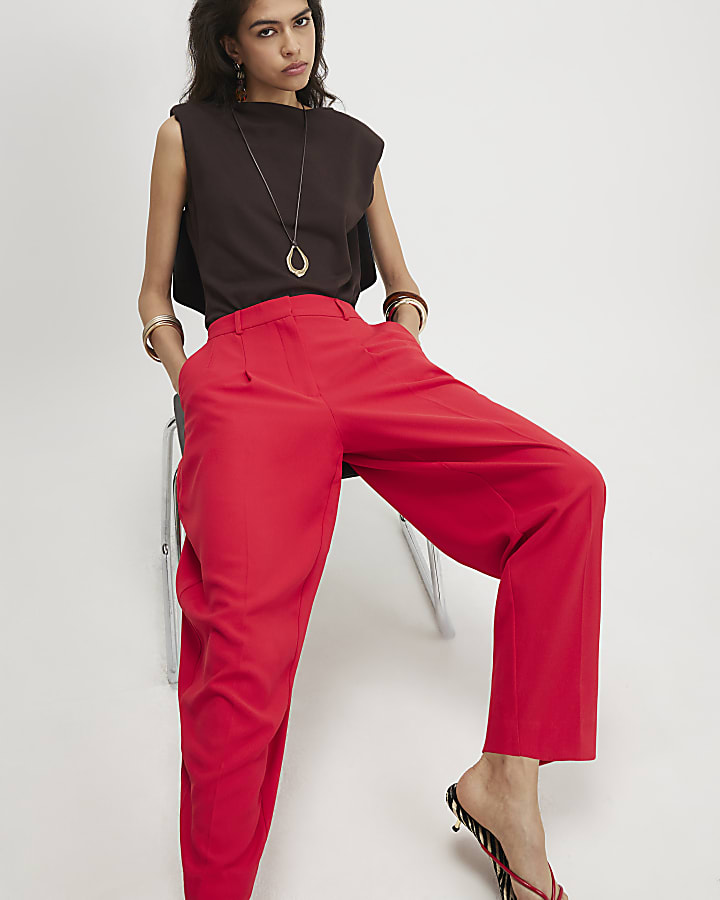 Red Drapey Barrel Leg Trousers