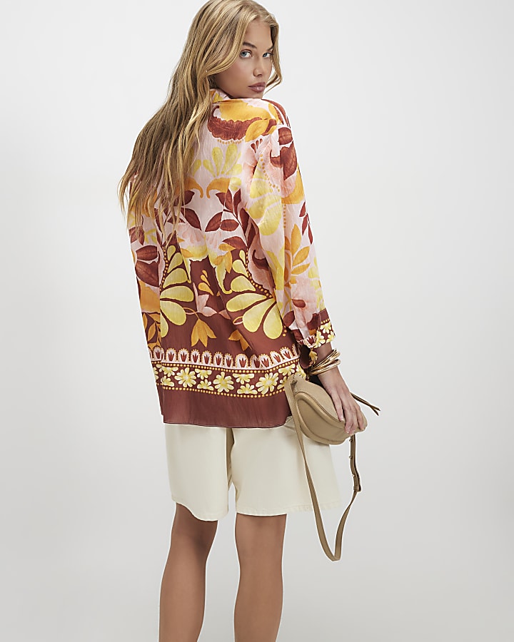 Orange Tropical Print Oversized Shirt