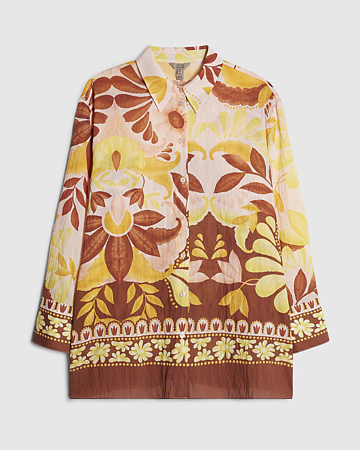 Orange Tropical Print Oversized Shirt
