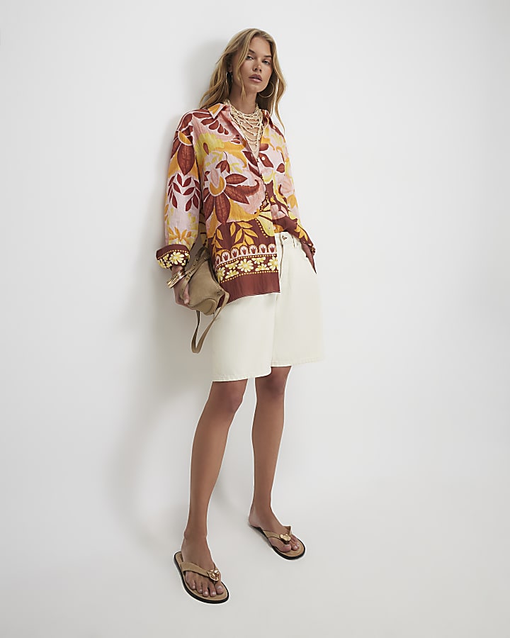 Orange Tropical Print Oversized Shirt