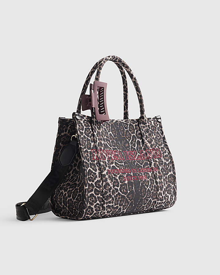 Brown Leopard Print Embroidered Tote Bag