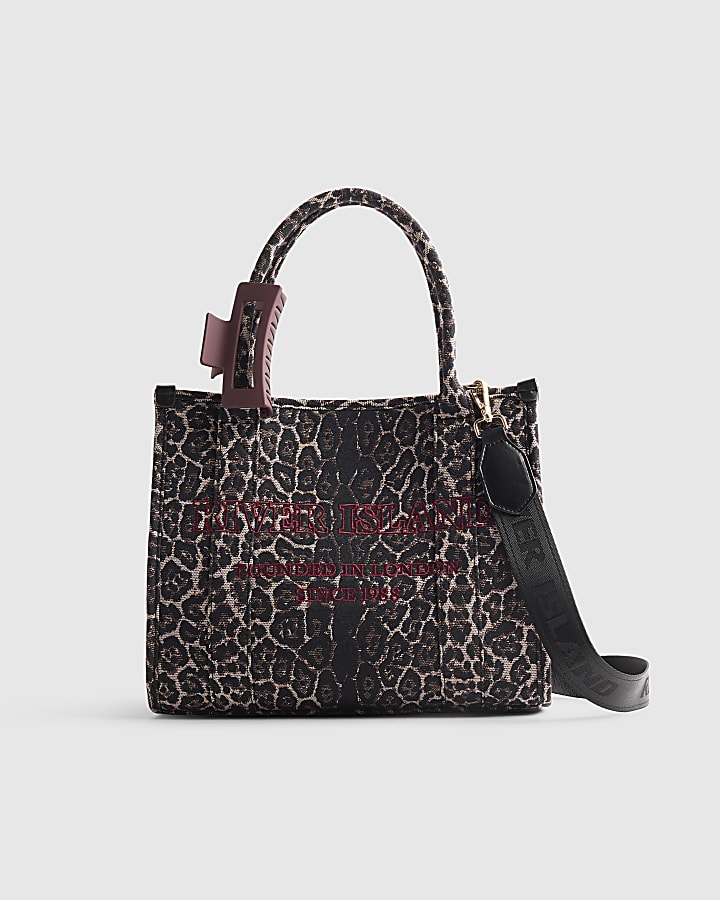 Brown Leopard Print Embroidered Tote Bag