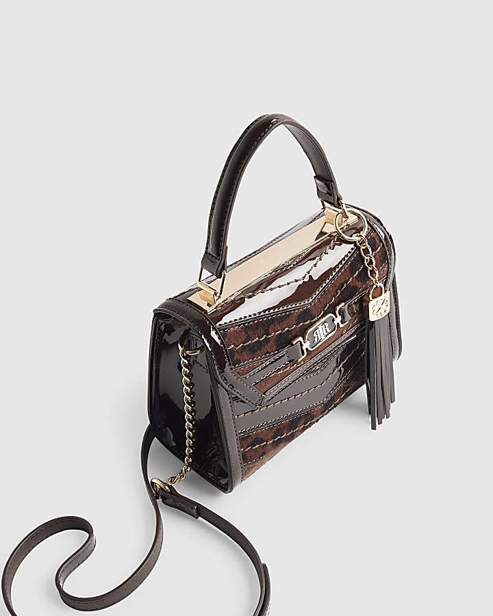 Brown Leopard Panel Mini Tote Crossbody Bag