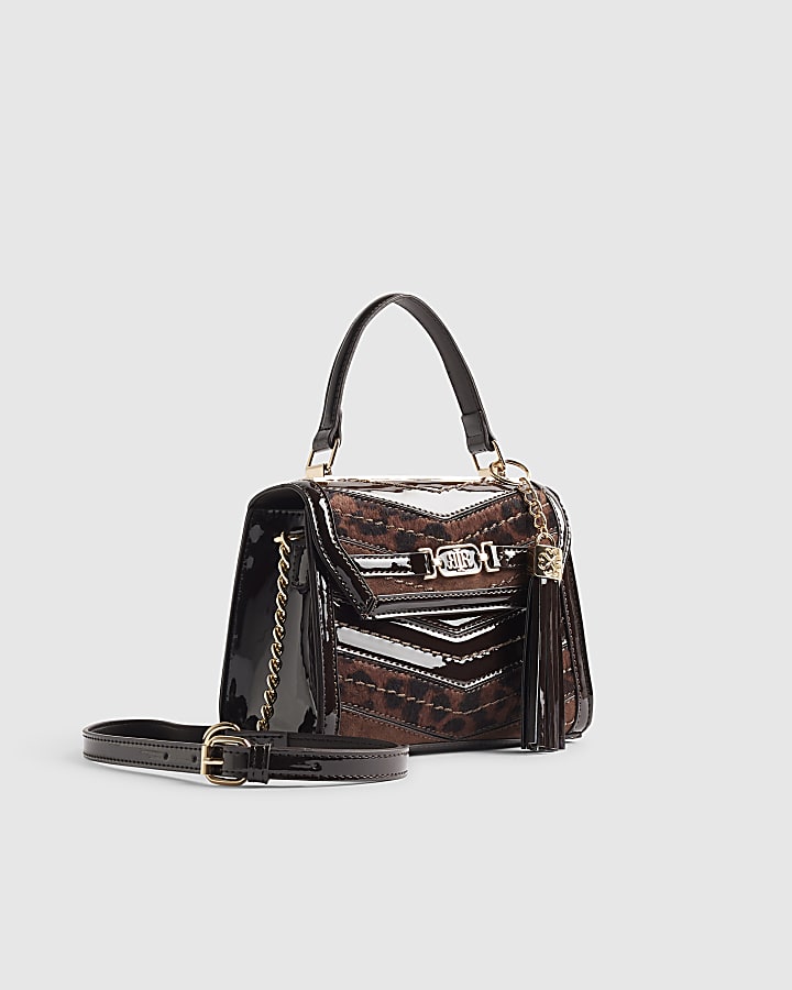 Brown Leopard Panel Mini Tote Crossbody Bag