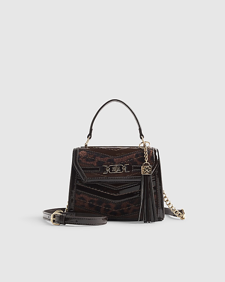 Brown Leopard Panel Mini Tote Crossbody Bag