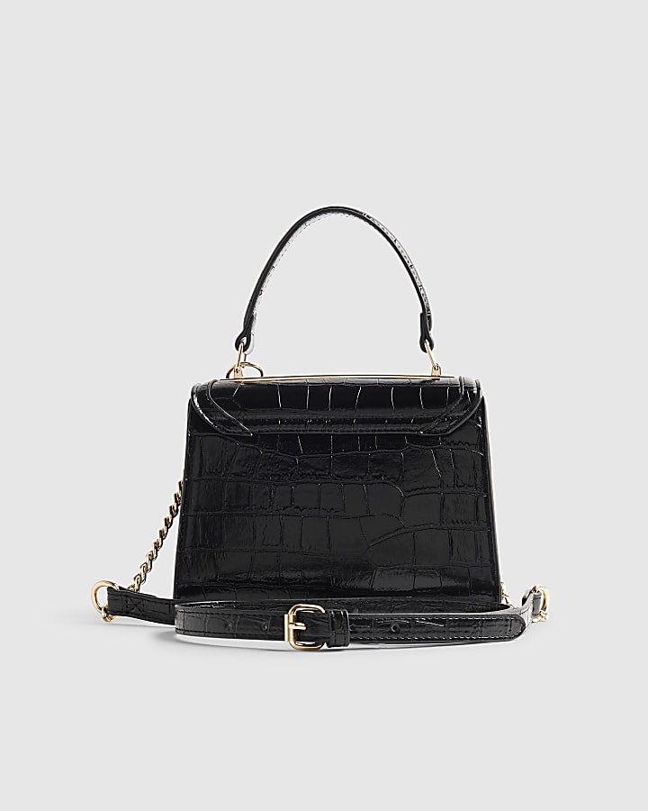 Black Croc Bar Front Tote Crossbody Bag