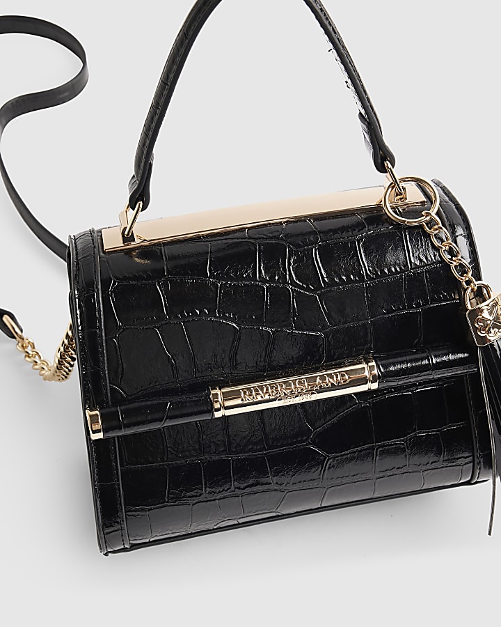 Black Croc Bar Front Tote Crossbody Bag