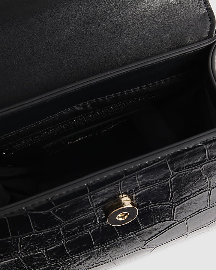 Black Croc Bar Front Tote Crossbody Bag