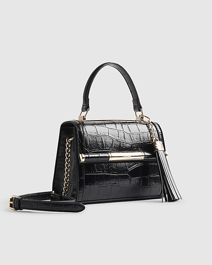 Black Croc Bar Front Tote Crossbody Bag
