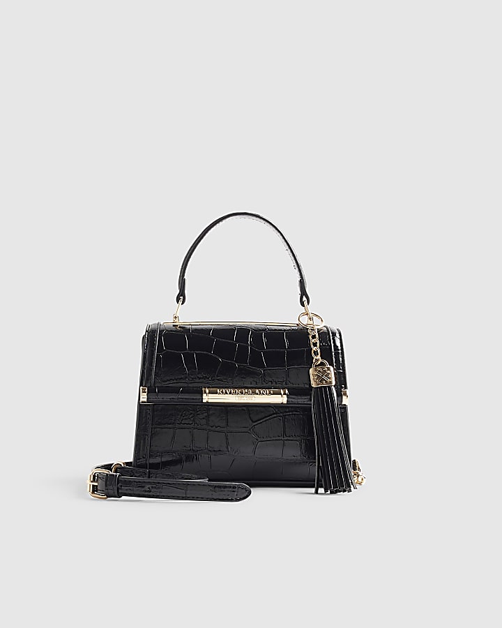 Black Croc Bar Front Tote Crossbody Bag