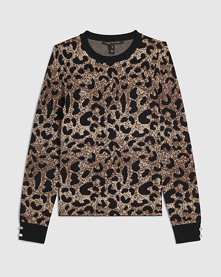 Beige Leopard Ribbed Layered Trim Top